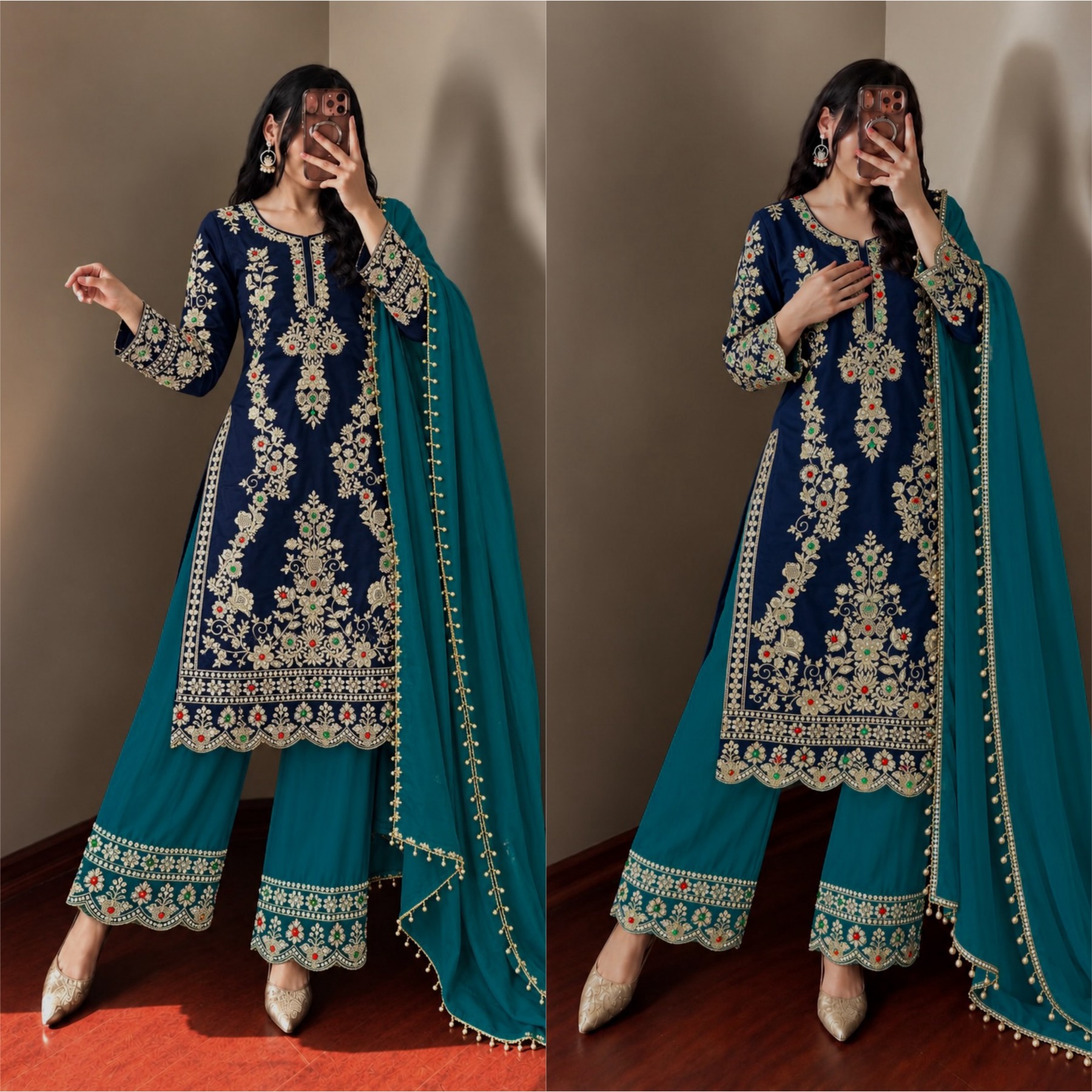 JD-659 Pure Natural Crepe Silk Kundan Embroidered Collection
