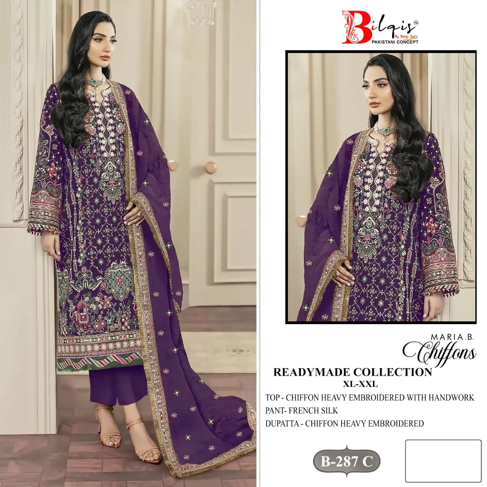 BILQIS B-287 Chiffon Heavy Embroidered Designer Suit
