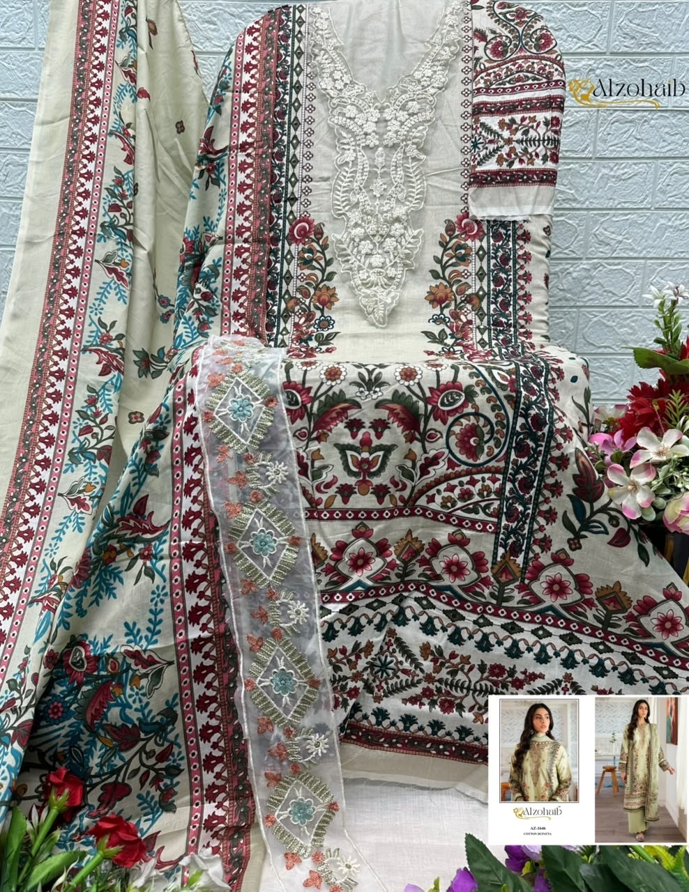 Shop ALZOHAIB Farida Vol 3 Pakistani Concept Suit with pure cotton heavy patch work top, semi lawn bottom and cotton or chiffon dupatta.