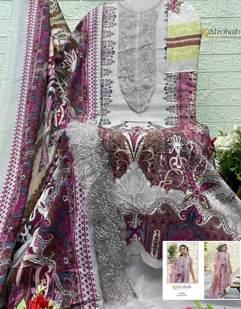 Shop ALZOHAIB Farida Vol 3 Pakistani Concept Suit with pure cotton heavy patch work top, semi lawn bottom and cotton or chiffon dupatta.