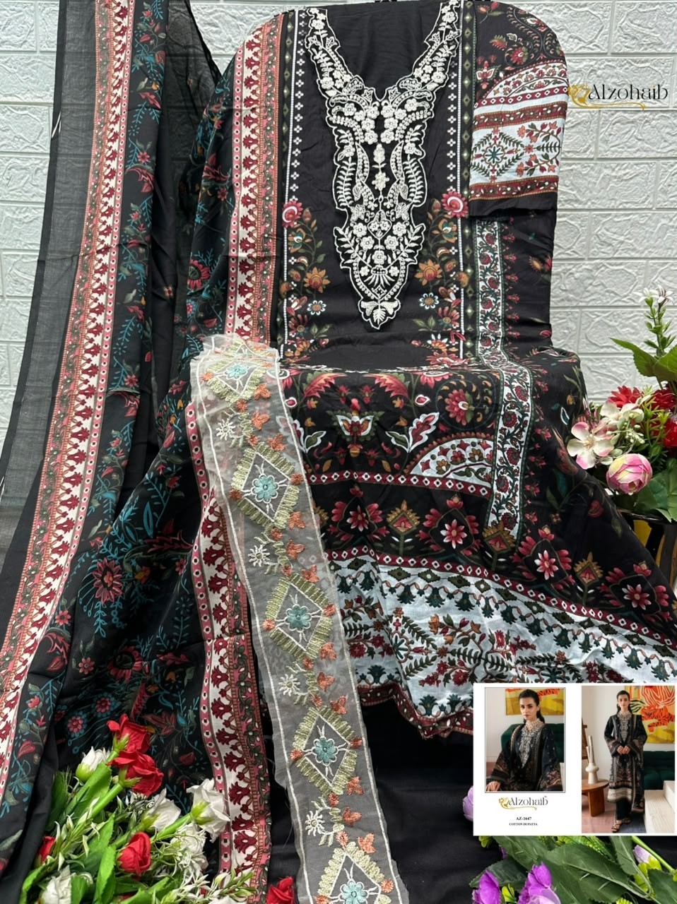 Shop ALZOHAIB Farida Vol 3 Pakistani Concept Suit with pure cotton heavy patch work top, semi lawn bottom and cotton or chiffon dupatta.