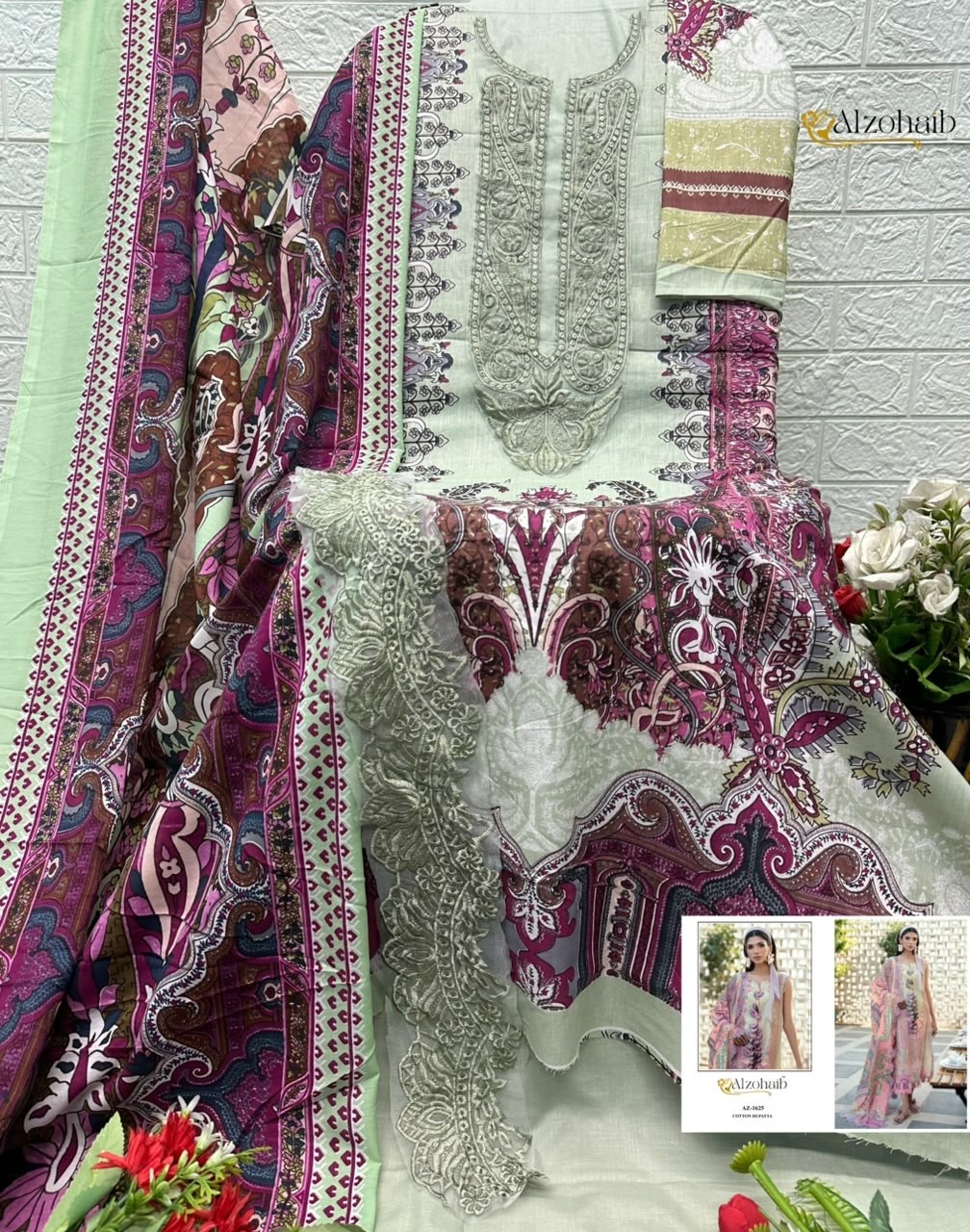 Shop ALZOHAIB Farida Vol 3 Pakistani Concept Suit with pure cotton heavy patch work top, semi lawn bottom and cotton or chiffon dupatta.
