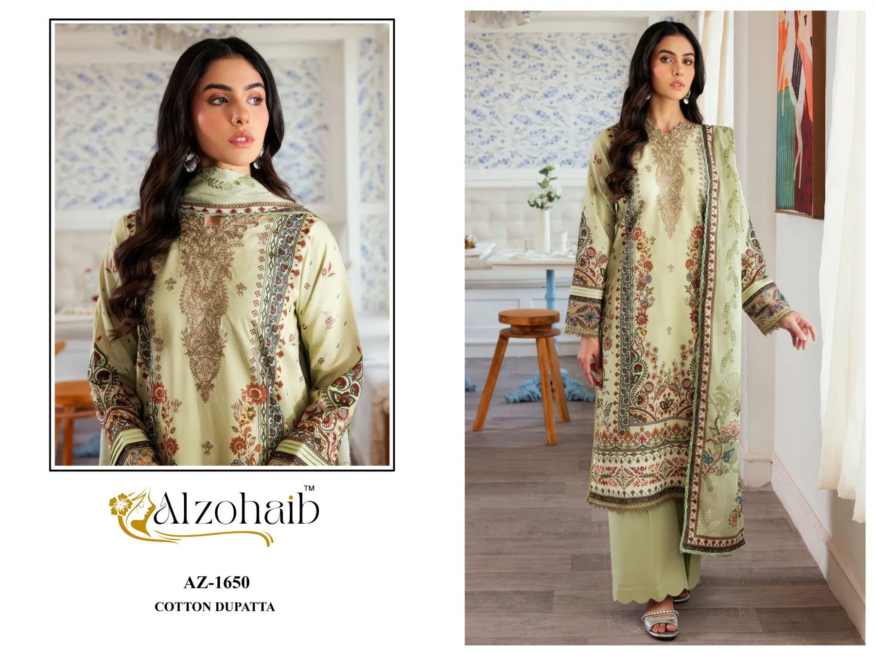 Shop ALZOHAIB Farida Vol 3 Pakistani Concept Suit with pure cotton heavy patch work top, semi lawn bottom and cotton or chiffon dupatta.