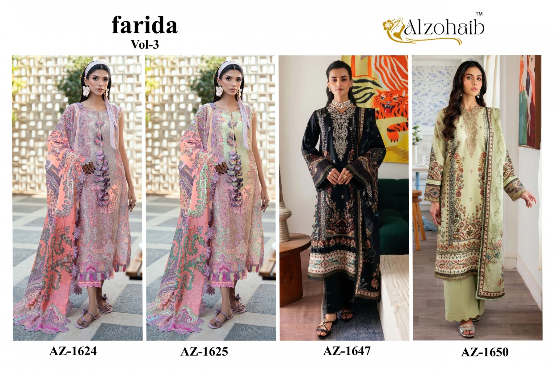 Shop ALZOHAIB Farida Vol 3 Pakistani Concept Suit with pure cotton heavy patch work top, semi lawn bottom and cotton or chiffon dupatta.