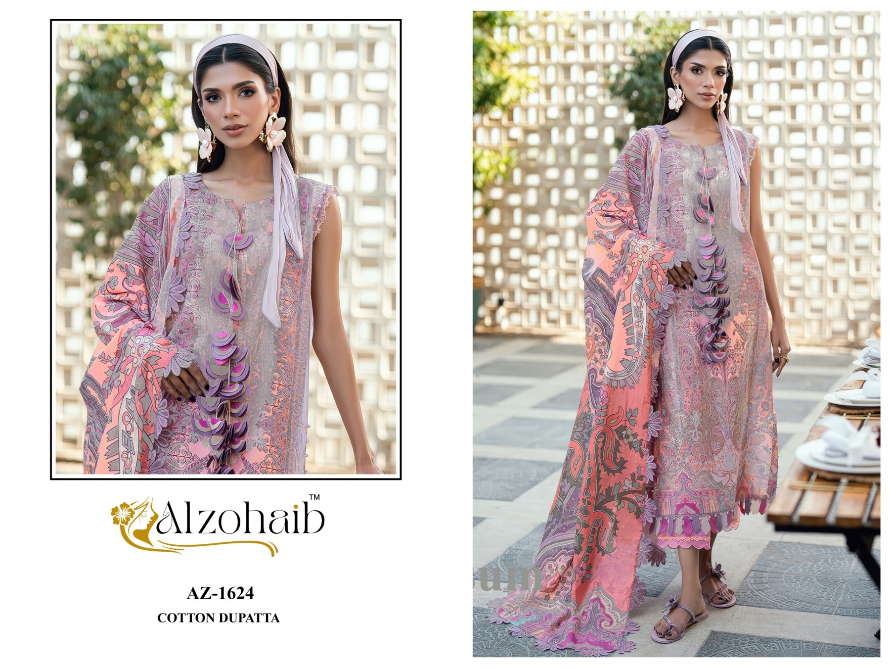 Shop ALZOHAIB Farida Vol 3 Pakistani Concept Suit with pure cotton heavy patch work top, semi lawn bottom and cotton or chiffon dupatta.