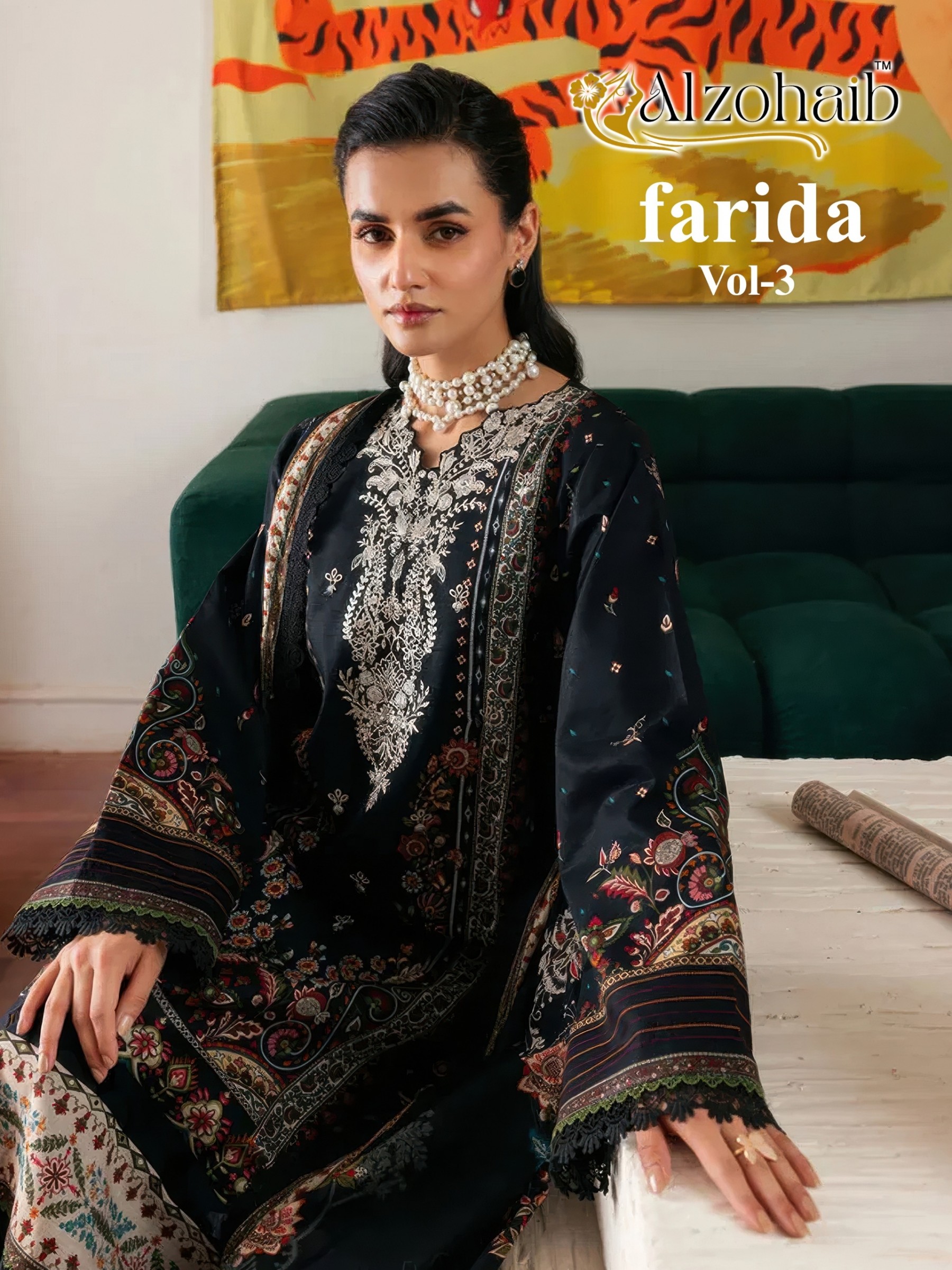 Shop ALZOHAIB Farida Vol 3 Pakistani Concept Suit with pure cotton heavy patch work top, semi lawn bottom and cotton or chiffon dupatta.