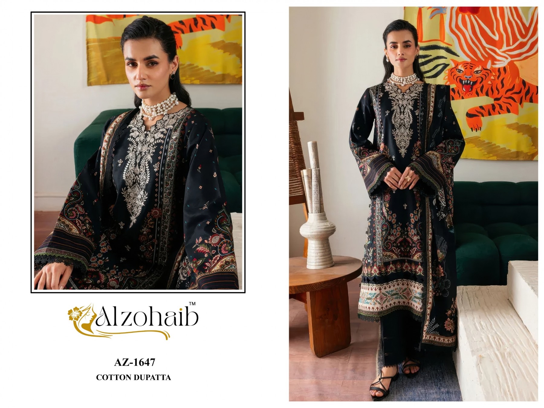 Shop ALZOHAIB Farida Vol 3 Pakistani Concept Suit with pure cotton heavy patch work top, semi lawn bottom and cotton or chiffon dupatta.