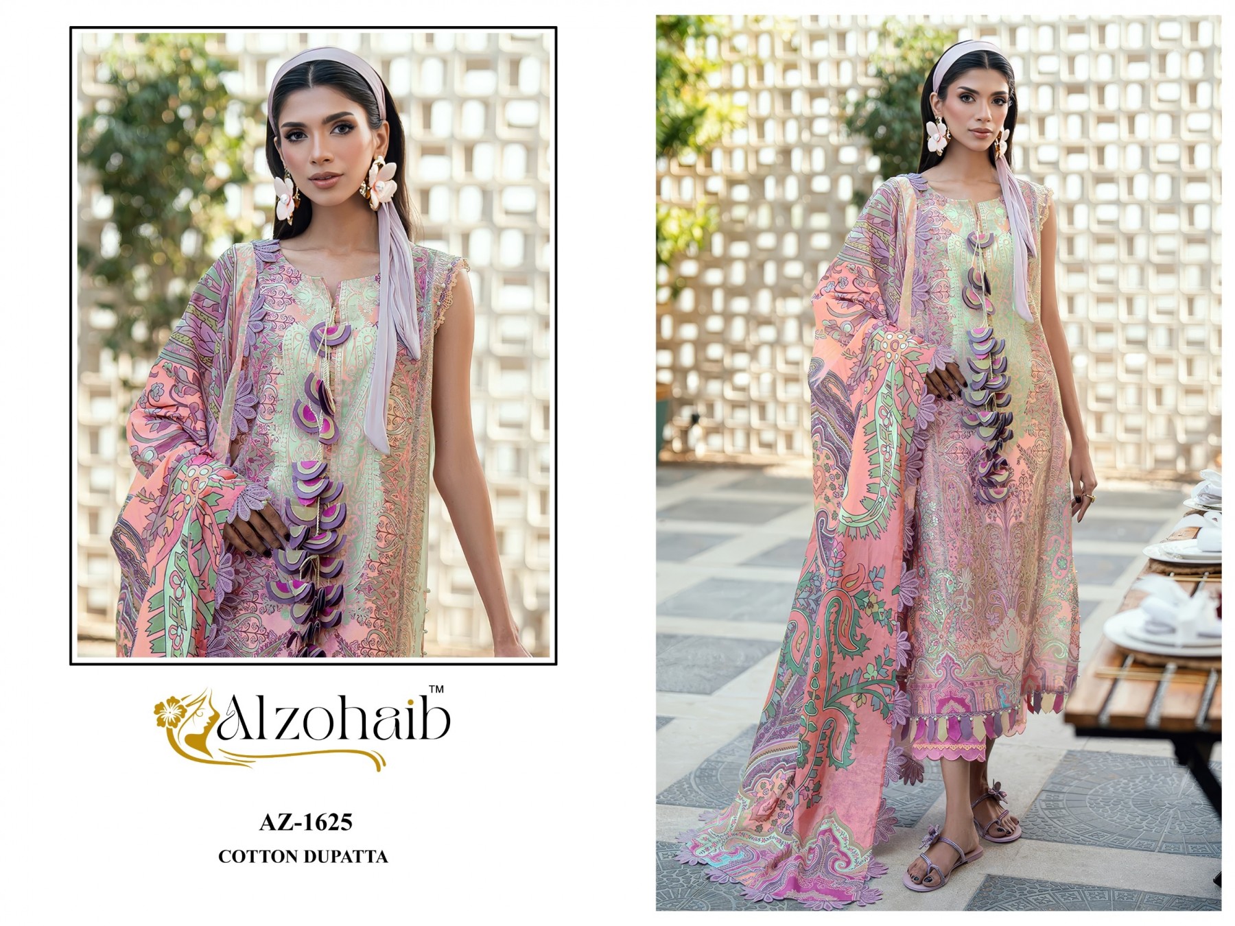 Shop ALZOHAIB Farida Vol 3 Pakistani Concept Suit with pure cotton heavy patch work top, semi lawn bottom and cotton or chiffon dupatta.