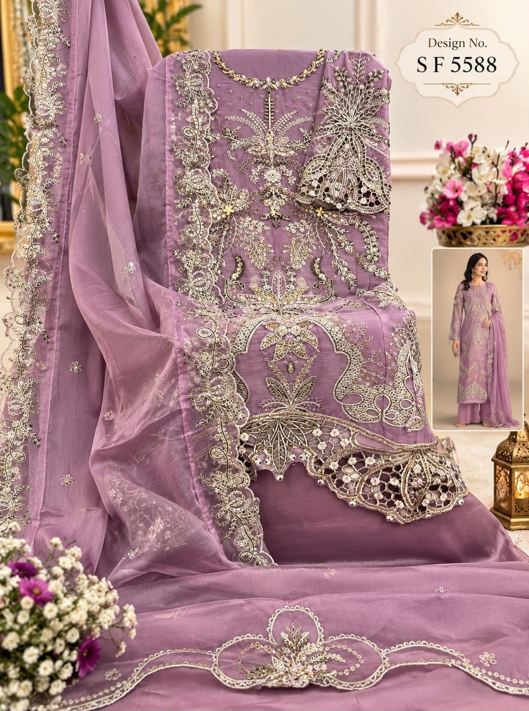SF-5588 | Heavy Chiffon Hand Khatli & Cut Work Suit