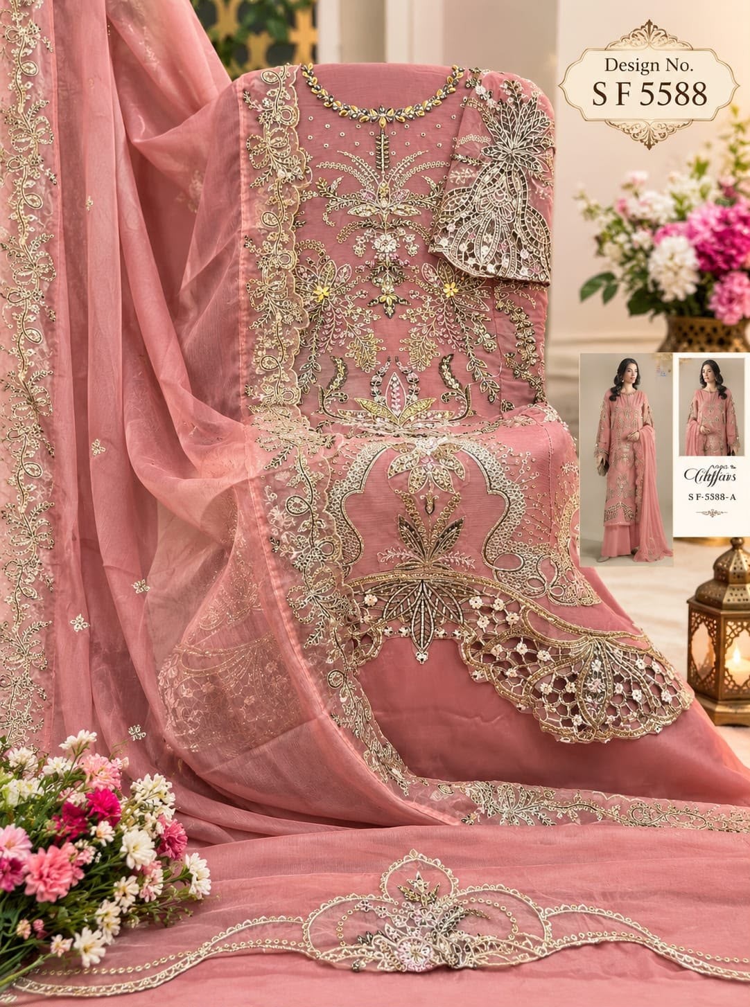 SF-5588 | Heavy Chiffon Hand Khatli & Cut Work Suit