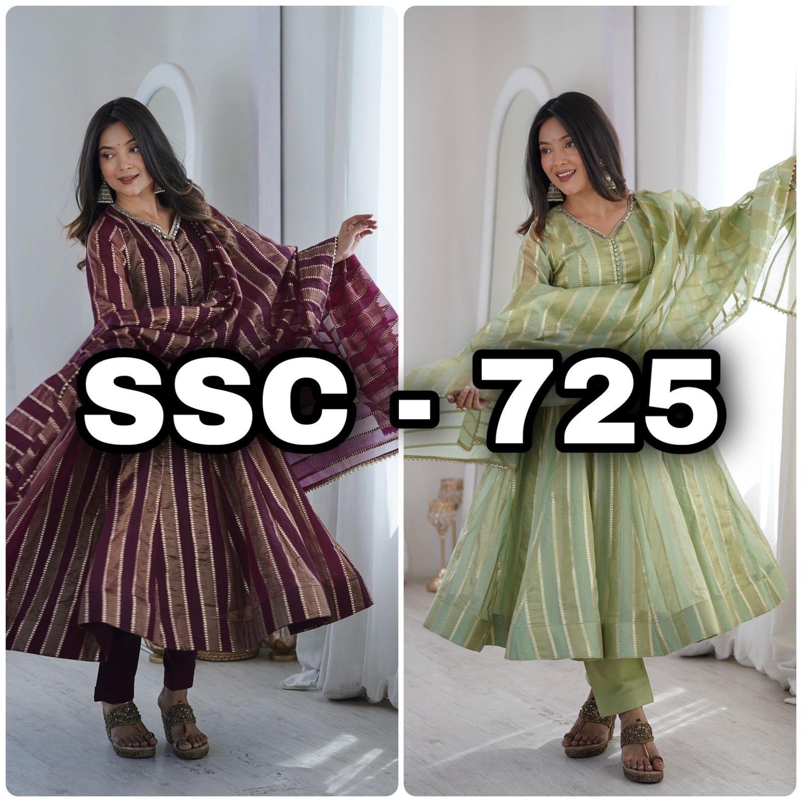 Shop SSC-725 designer party wear gown set with Heavy Viscose Jacquard, Real Mirror Lace Work, Micro Cotton inner and pant, plus matching 2.20m dupatta.