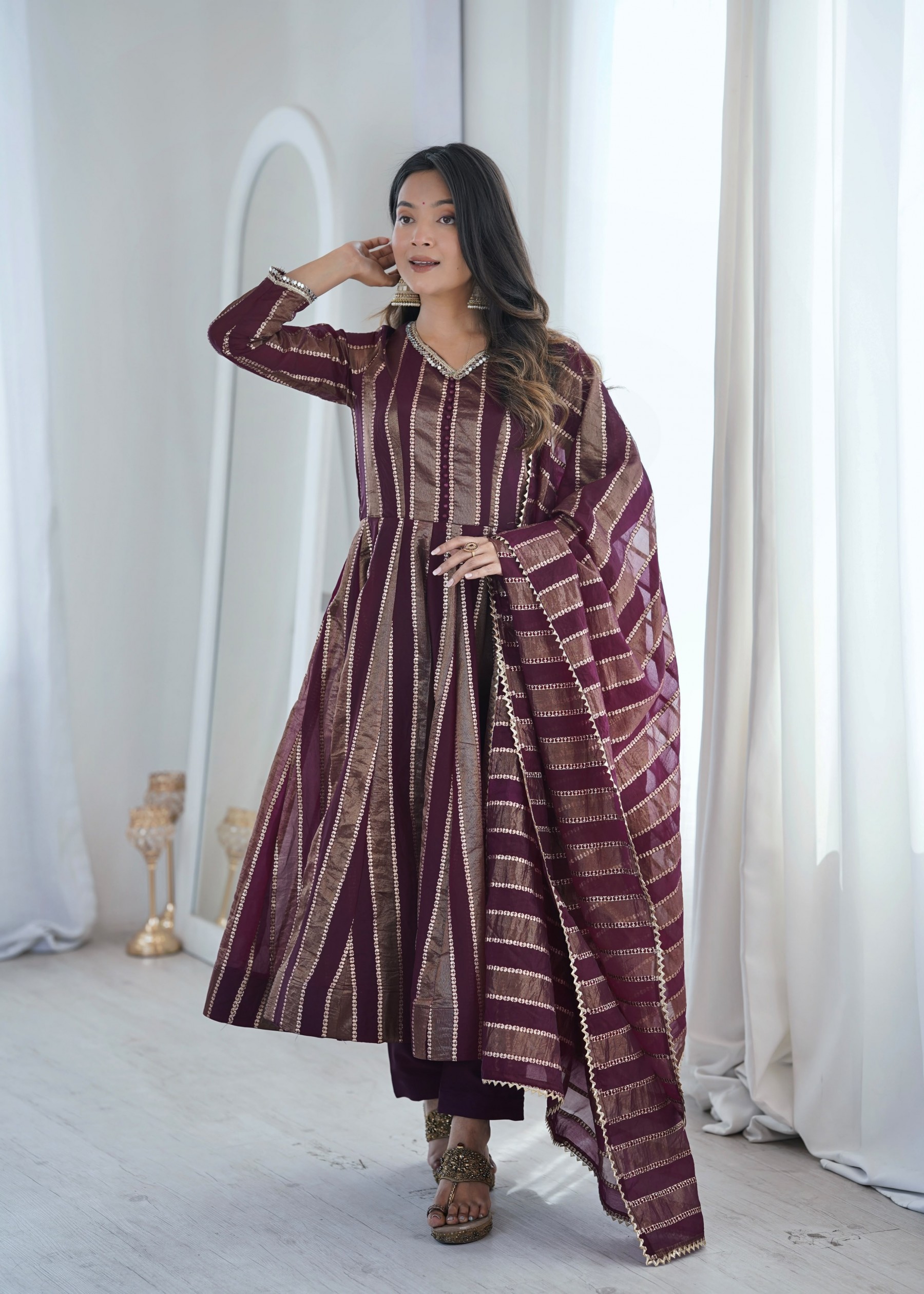 Shop SSC-725 designer party wear gown set with Heavy Viscose Jacquard, Real Mirror Lace Work, Micro Cotton inner and pant, plus matching 2.20m dupatta.