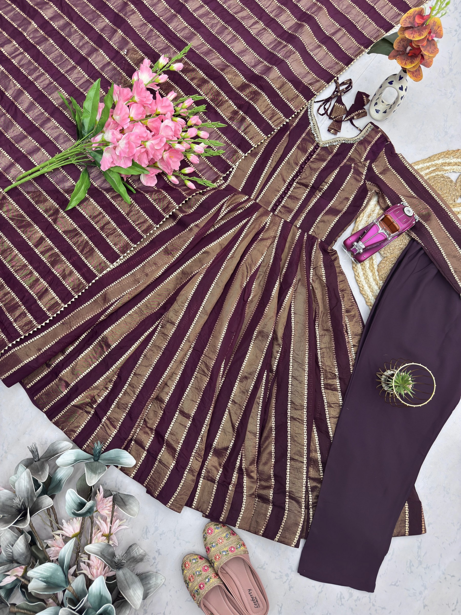 Shop SSC-725 designer party wear gown set with Heavy Viscose Jacquard, Real Mirror Lace Work, Micro Cotton inner and pant, plus matching 2.20m dupatta.