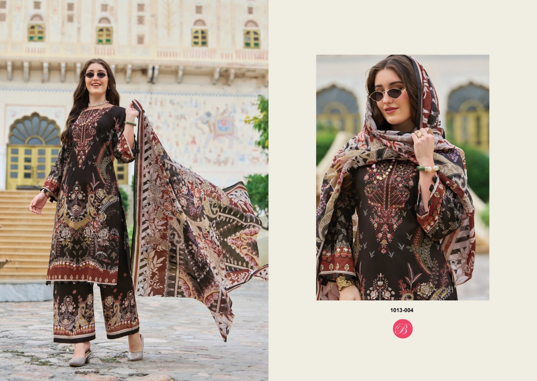 Shop BelliZa DILSHAD Vol 7 with Pure Viscose Rayon digital print top, heavy self embroidery, printed plazo salwar and Mal Mal Cotton dupatta at ₹671.