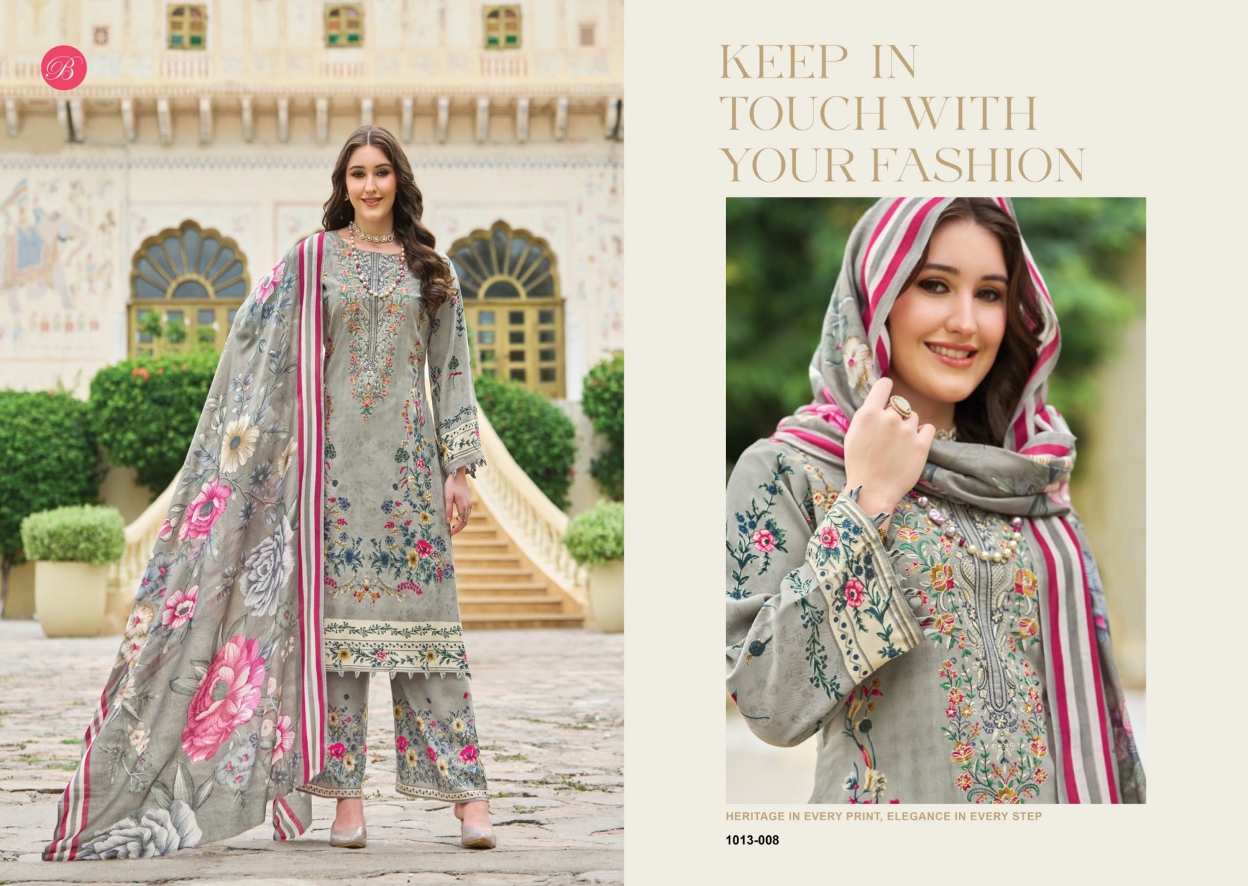 Shop BelliZa DILSHAD Vol 7 with Pure Viscose Rayon digital print top, heavy self embroidery, printed plazo salwar and Mal Mal Cotton dupatta at ₹671.