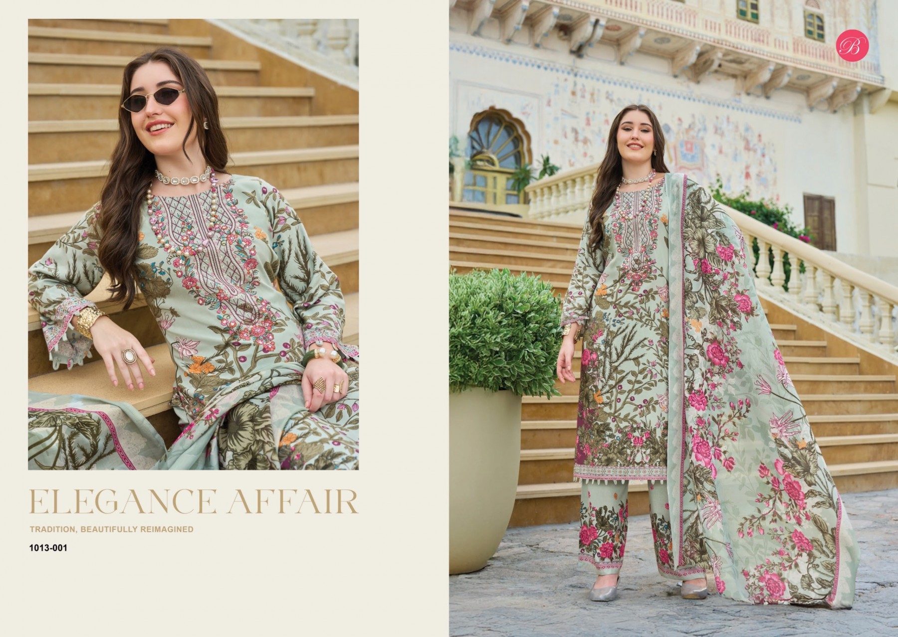 Shop BelliZa DILSHAD Vol 7 with Pure Viscose Rayon digital print top, heavy self embroidery, printed plazo salwar and Mal Mal Cotton dupatta at ₹671.