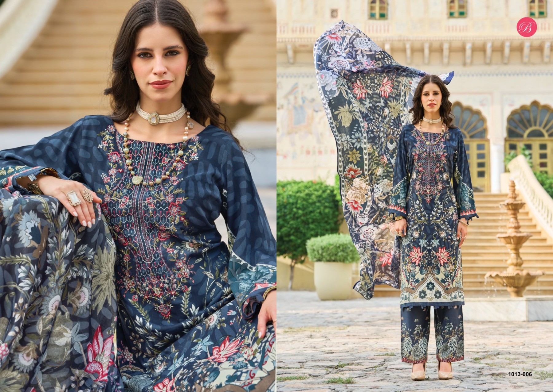 Shop BelliZa DILSHAD Vol 7 with Pure Viscose Rayon digital print top, heavy self embroidery, printed plazo salwar and Mal Mal Cotton dupatta at ₹671.