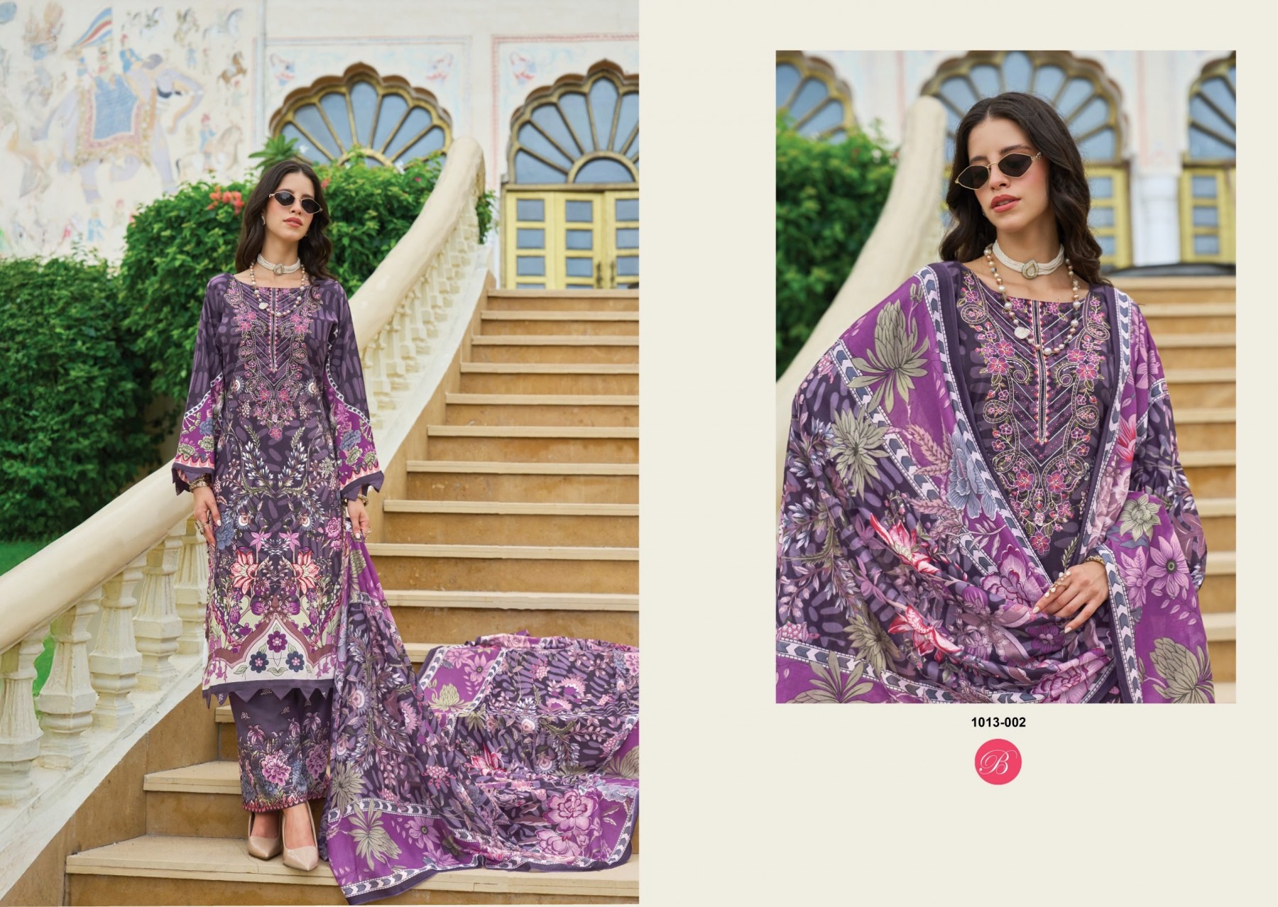 Shop BelliZa DILSHAD Vol 7 with Pure Viscose Rayon digital print top, heavy self embroidery, printed plazo salwar and Mal Mal Cotton dupatta at ₹671.