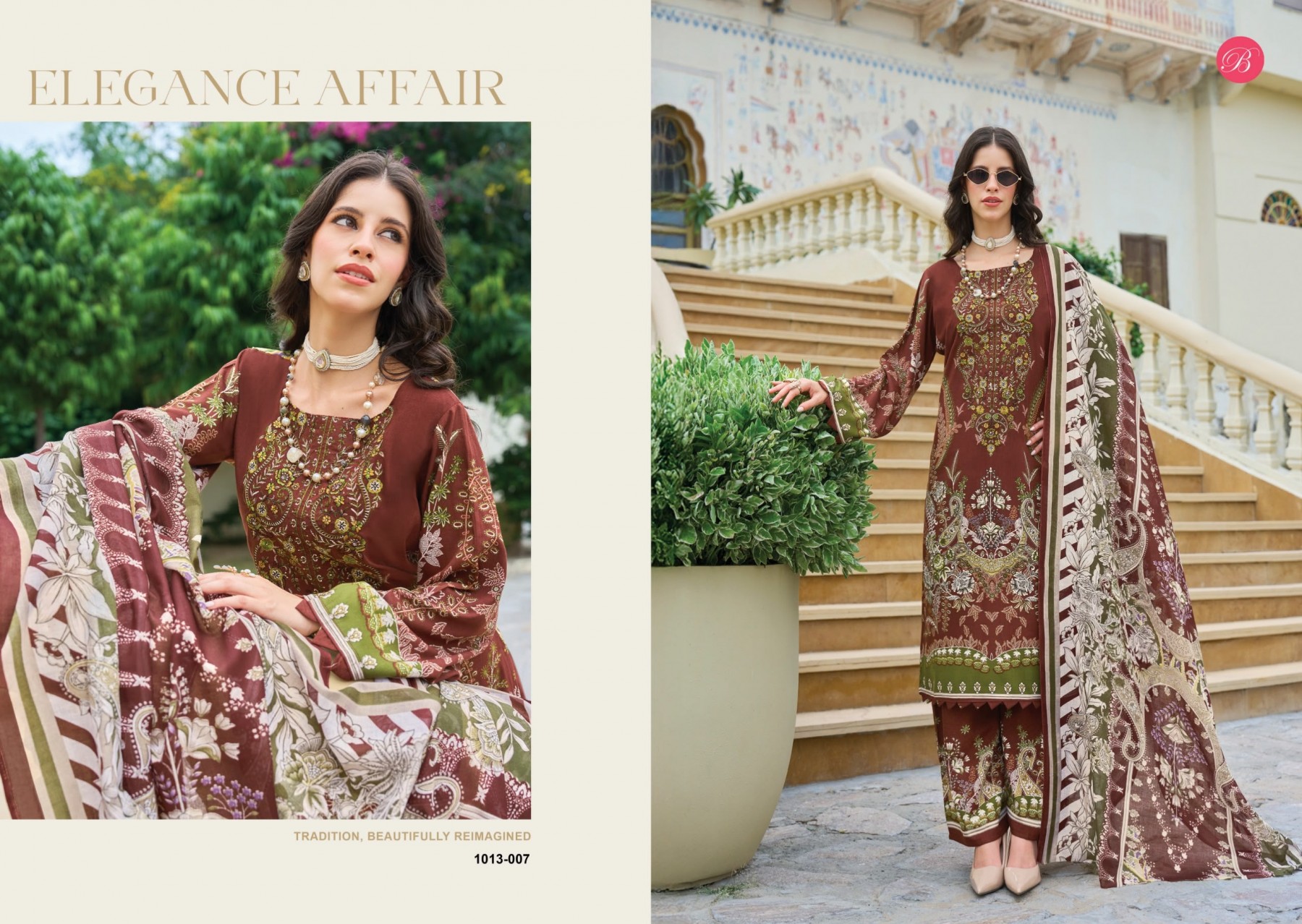 Shop BelliZa DILSHAD Vol 7 with Pure Viscose Rayon digital print top, heavy self embroidery, printed plazo salwar and Mal Mal Cotton dupatta at ₹671.