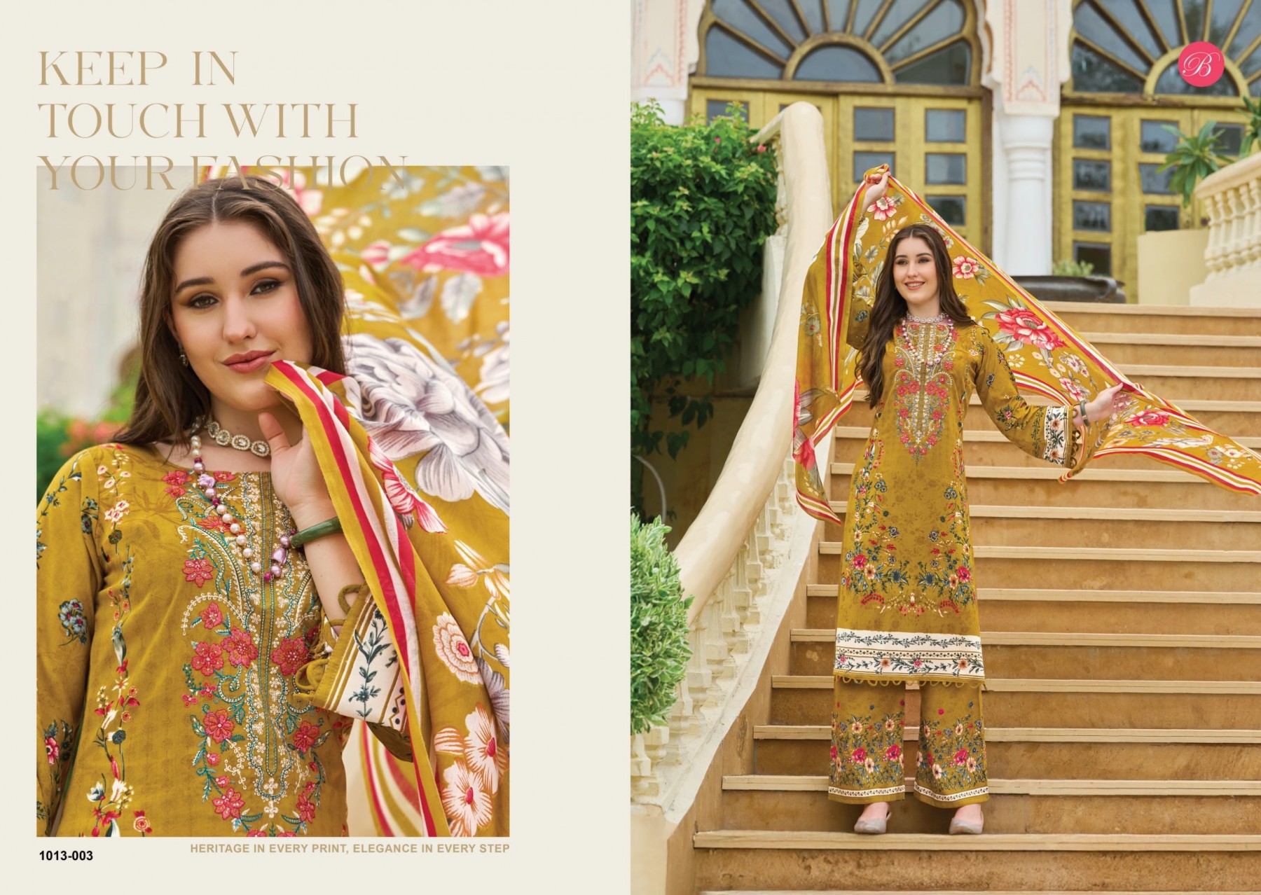 Shop BelliZa DILSHAD Vol 7 with Pure Viscose Rayon digital print top, heavy self embroidery, printed plazo salwar and Mal Mal Cotton dupatta at ₹671.