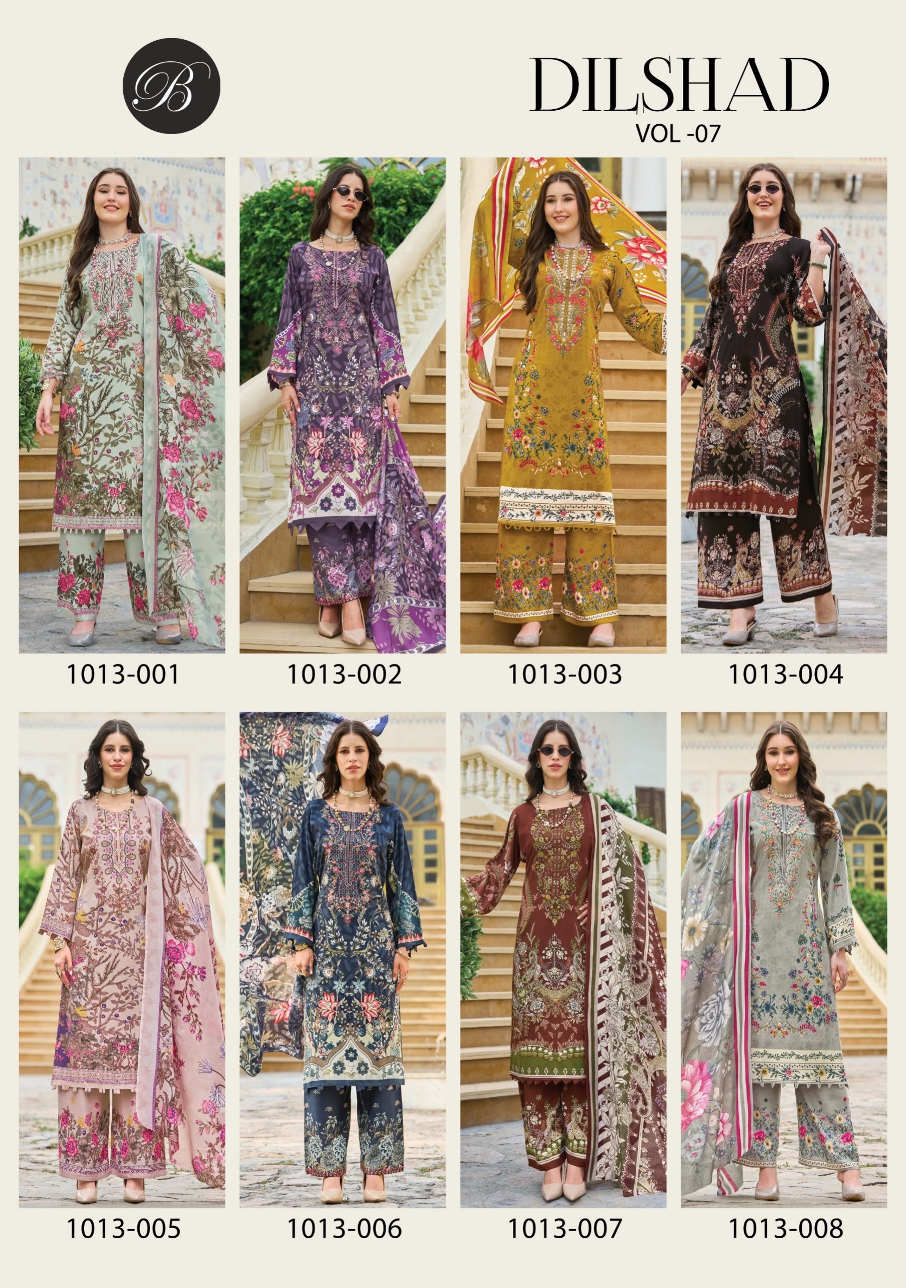 Shop BelliZa DILSHAD Vol 7 with Pure Viscose Rayon digital print top, heavy self embroidery, printed plazo salwar and Mal Mal Cotton dupatta at ₹671.