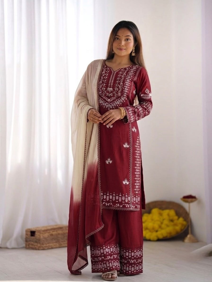 Shop NSR-888 Rayon Cotton embroidered Farshi Pant suit with thread work, Heavy Georgette digital print dupatta and lace border at ₹1,199/-.
