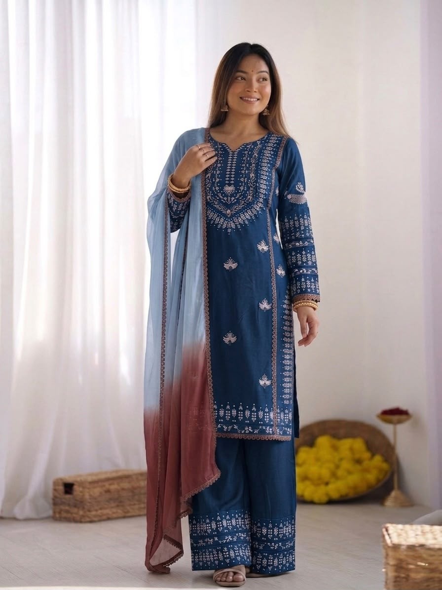 Shop NSR-888 Rayon Cotton embroidered Farshi Pant suit with thread work, Heavy Georgette digital print dupatta and lace border at ₹1,199/-.