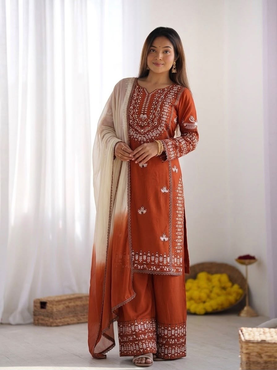 Shop NSR-888 Rayon Cotton embroidered Farshi Pant suit with thread work, Heavy Georgette digital print dupatta and lace border at ₹1,199/-.