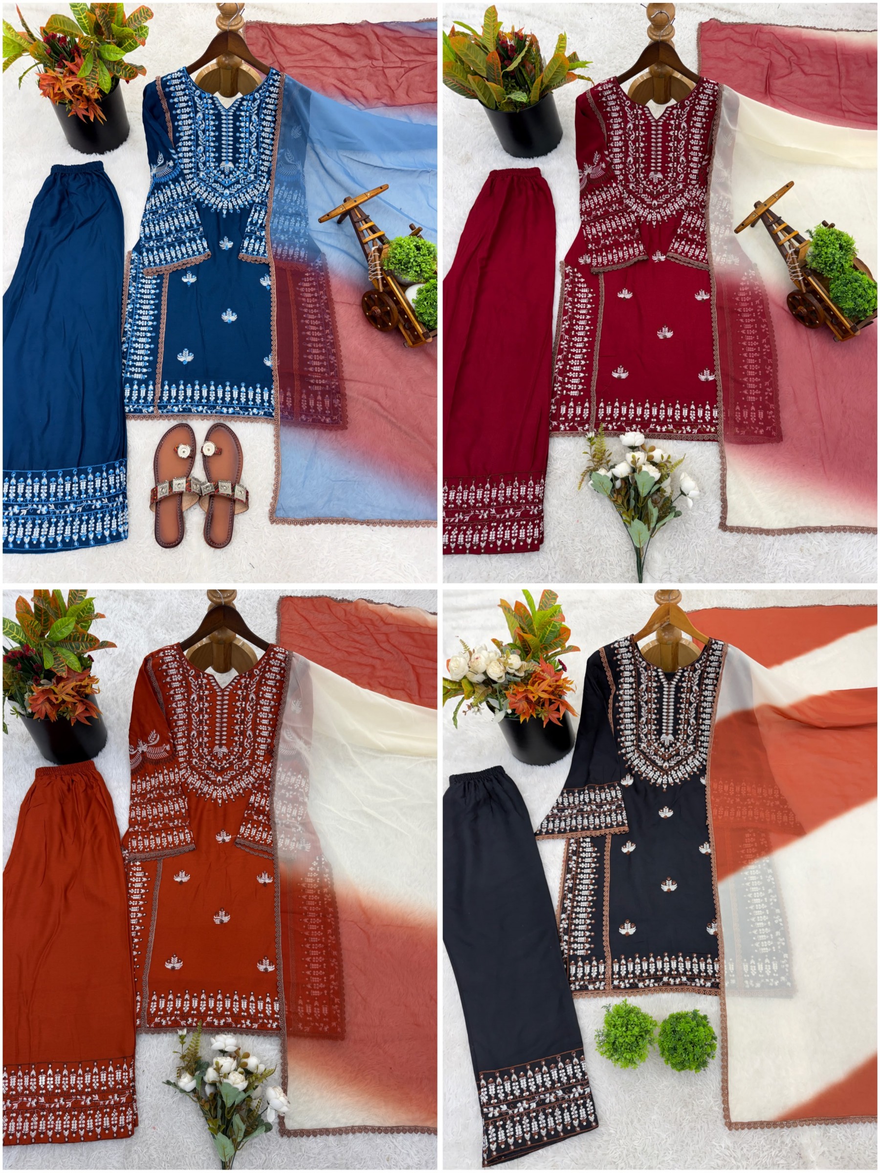 Shop NSR-888 Rayon Cotton embroidered Farshi Pant suit with thread work, Heavy Georgette digital print dupatta and lace border at ₹1,199/-.