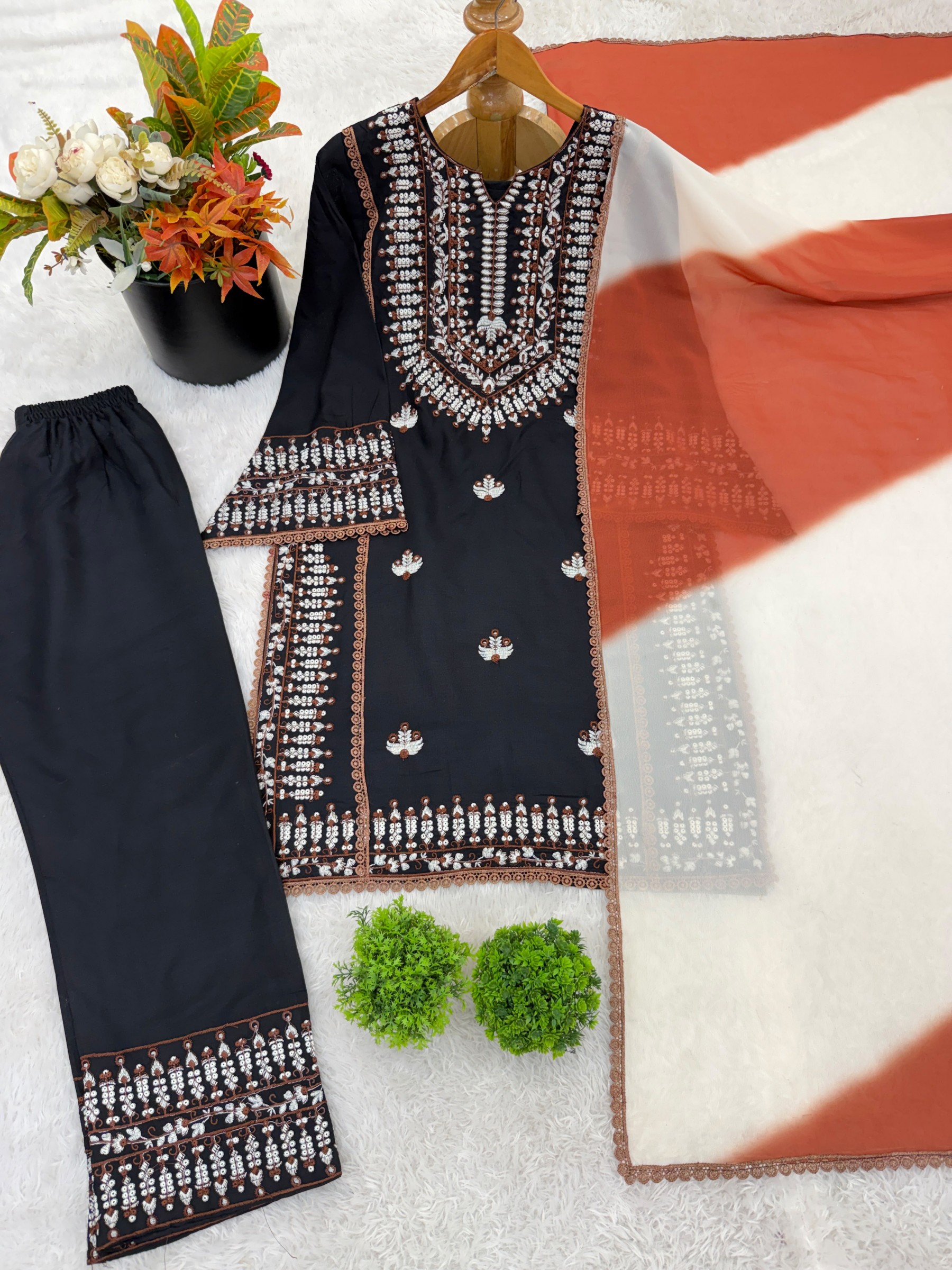 Shop NSR-888 Rayon Cotton embroidered Farshi Pant suit with thread work, Heavy Georgette digital print dupatta and lace border at ₹1,199/-.