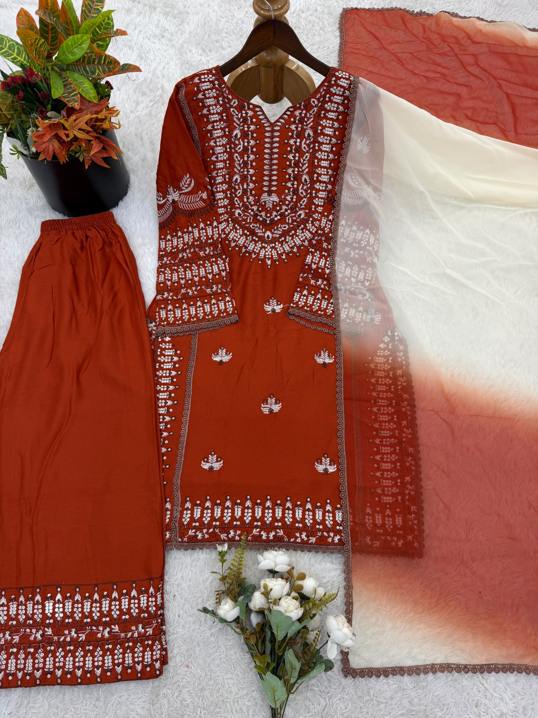 Shop NSR-888 Rayon Cotton embroidered Farshi Pant suit with thread work, Heavy Georgette digital print dupatta and lace border at ₹1,199/-.