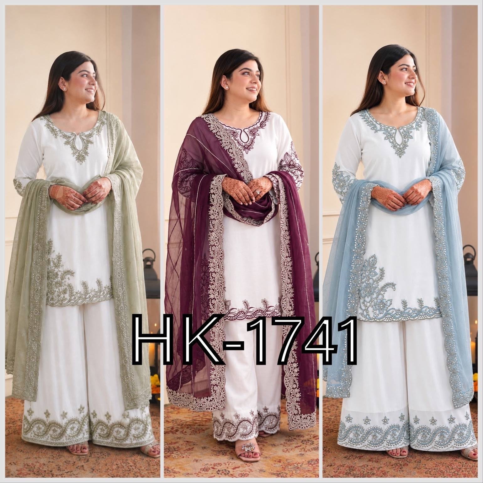 HK-1741 | Pakistani Maska Cotton Embroidered 3 Piece Set