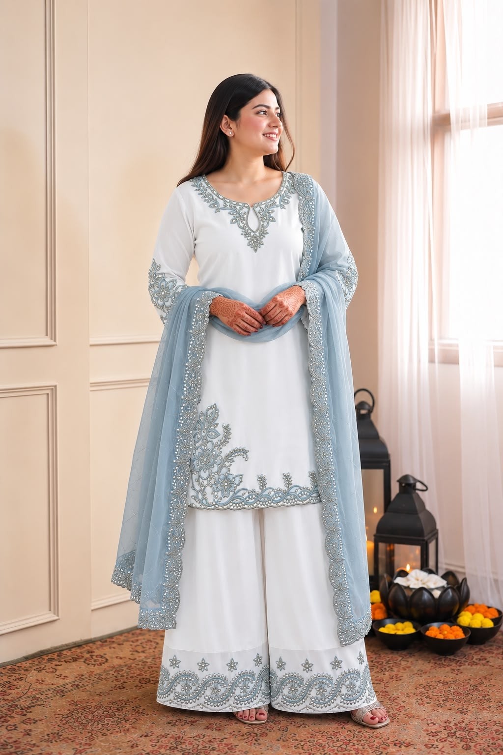 HK-1741 | Pakistani Maska Cotton Embroidered 3 Piece Set