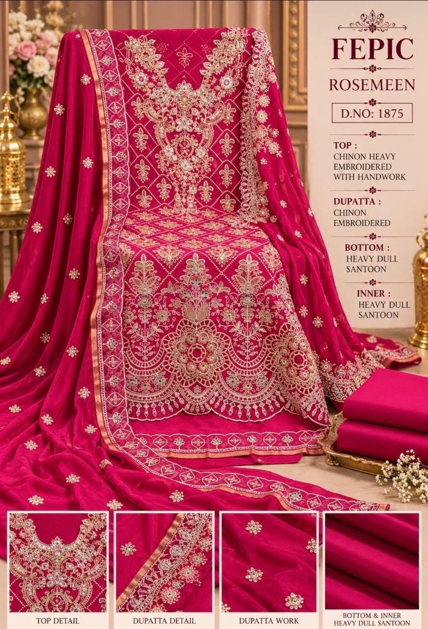 Shop FEPIC ROSEMEEN 1875 unstitched Chinon suit with heavy embroidery and handwork, embroidered Chinon dupatta and heavy Dull Santoon bottom at ₹1,475/-.