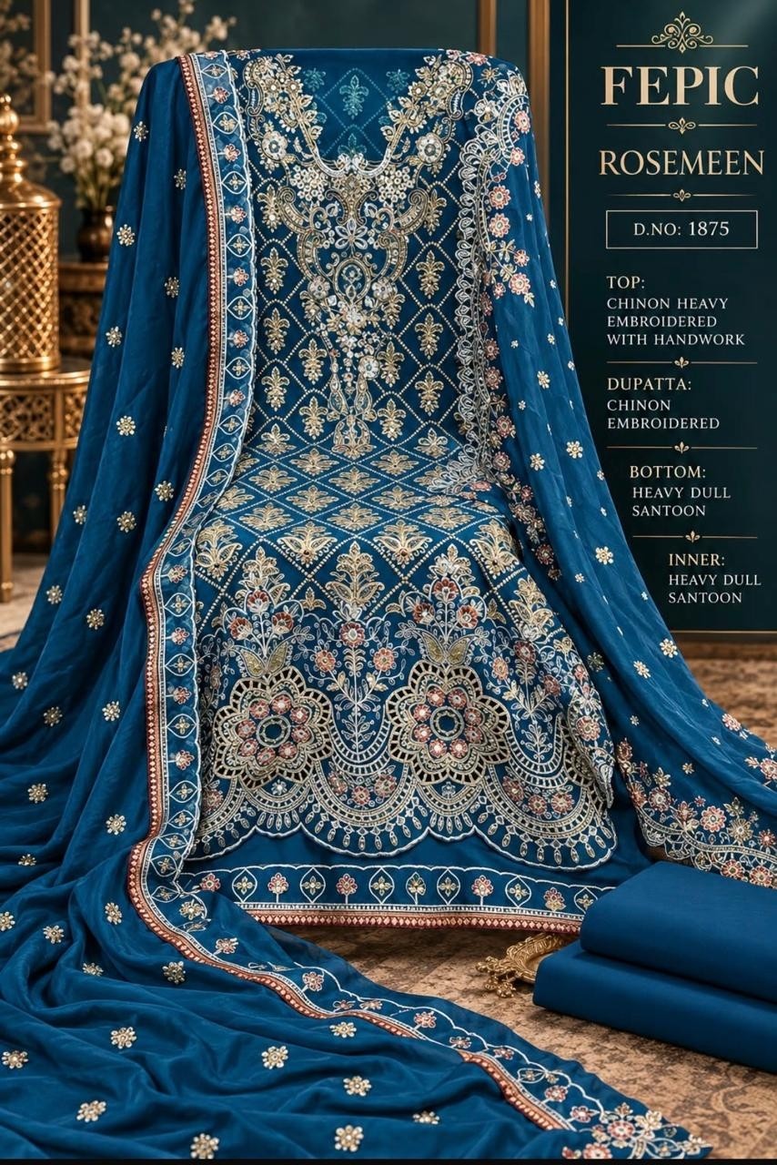 Shop FEPIC ROSEMEEN 1875 unstitched Chinon suit with heavy embroidery and handwork, embroidered Chinon dupatta and heavy Dull Santoon bottom at ₹1,475/-.