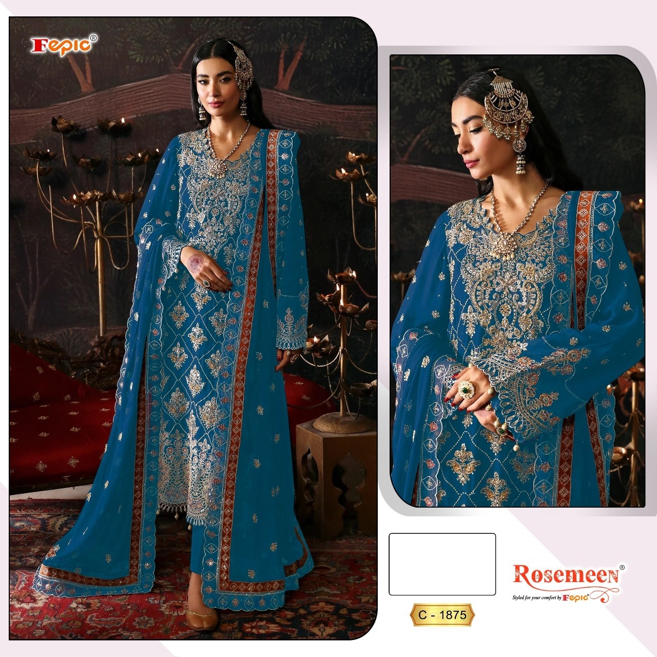 Shop FEPIC ROSEMEEN 1875 unstitched Chinon suit with heavy embroidery and handwork, embroidered Chinon dupatta and heavy Dull Santoon bottom at ₹1,475/-.