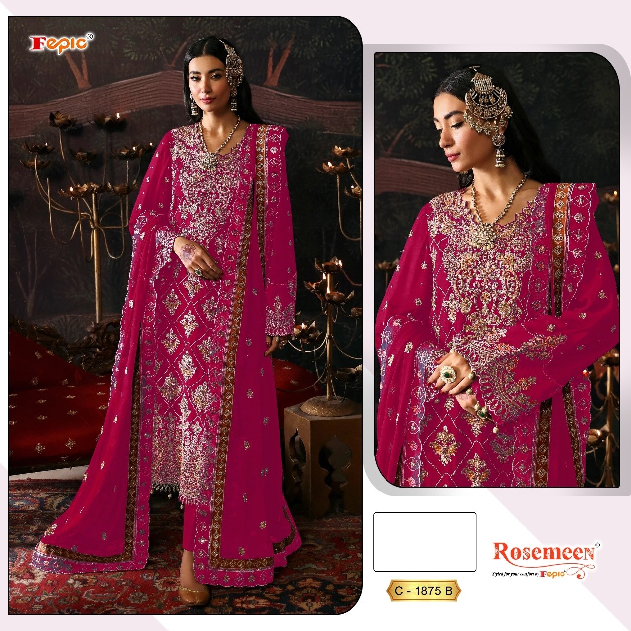 Shop FEPIC ROSEMEEN 1875 unstitched Chinon suit with heavy embroidery and handwork, embroidered Chinon dupatta and heavy Dull Santoon bottom at ₹1,475/-.