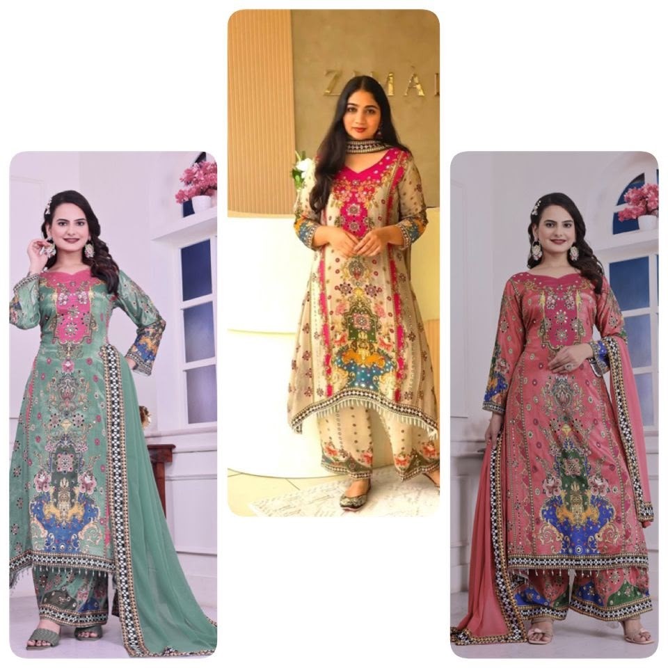 Shop DHK-1327 Pure Chinon Silk A-Line Kurta Palazzo Set with digital print, real mirror handwork, lace border and Heavy Faux Georgette dupatta at ₹899/-.