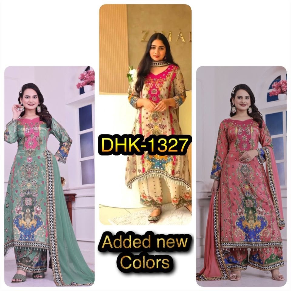 Shop DHK-1327 Pure Chinon Silk A-Line Kurta Palazzo Set with digital print, real mirror handwork, lace border and Heavy Faux Georgette dupatta at ₹899/-.