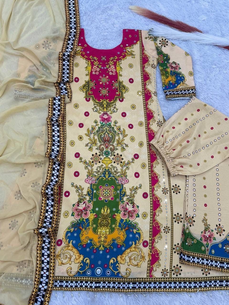 Shop DHK-1327 Pure Chinon Silk A-Line Kurta Palazzo Set with digital print, real mirror handwork, lace border and Heavy Faux Georgette dupatta at ₹899/-.