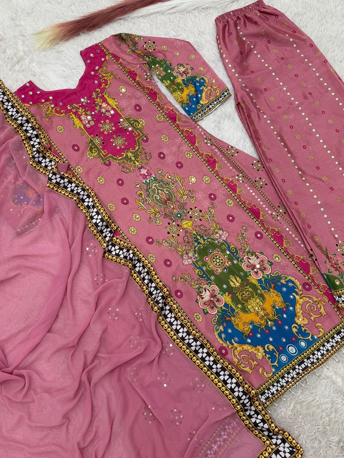 Shop DHK-1327 Pure Chinon Silk A-Line Kurta Palazzo Set with digital print, real mirror handwork, lace border and Heavy Faux Georgette dupatta at ₹899/-.
