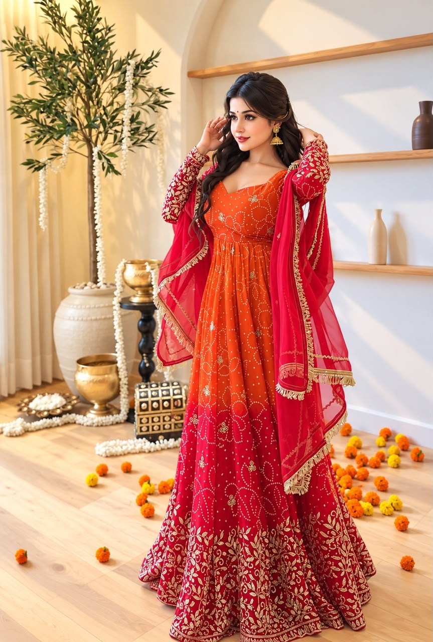 Shop SRK-5375 Faux Georgette suit with embroidery, sequins and digital print top, Heavy Micro Cotton pant and lace-border dupatta at ₹1,449/-.