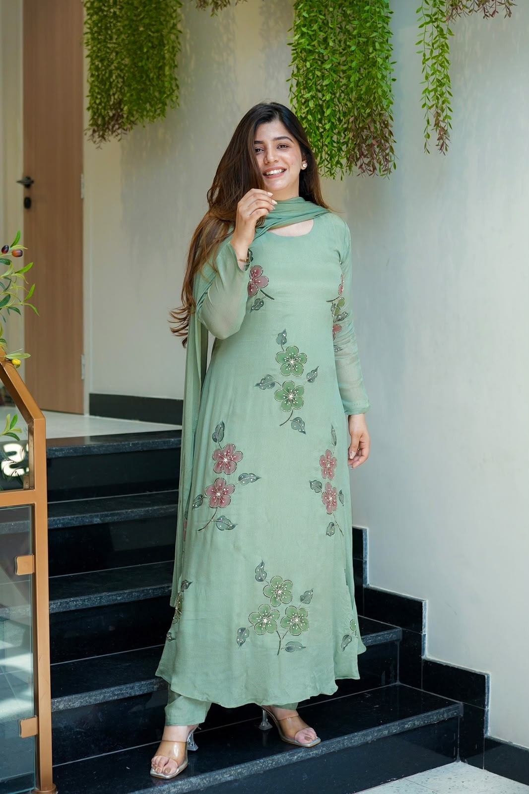 JL-1045 | Pure Chinon Silk Digital Print Diamond Hand Work A-Line Set