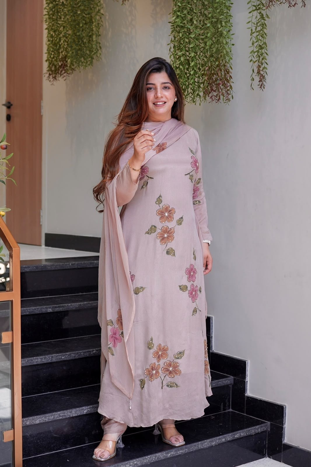 JL-1045 | Pure Chinon Silk Digital Print Diamond Hand Work A-Line Set