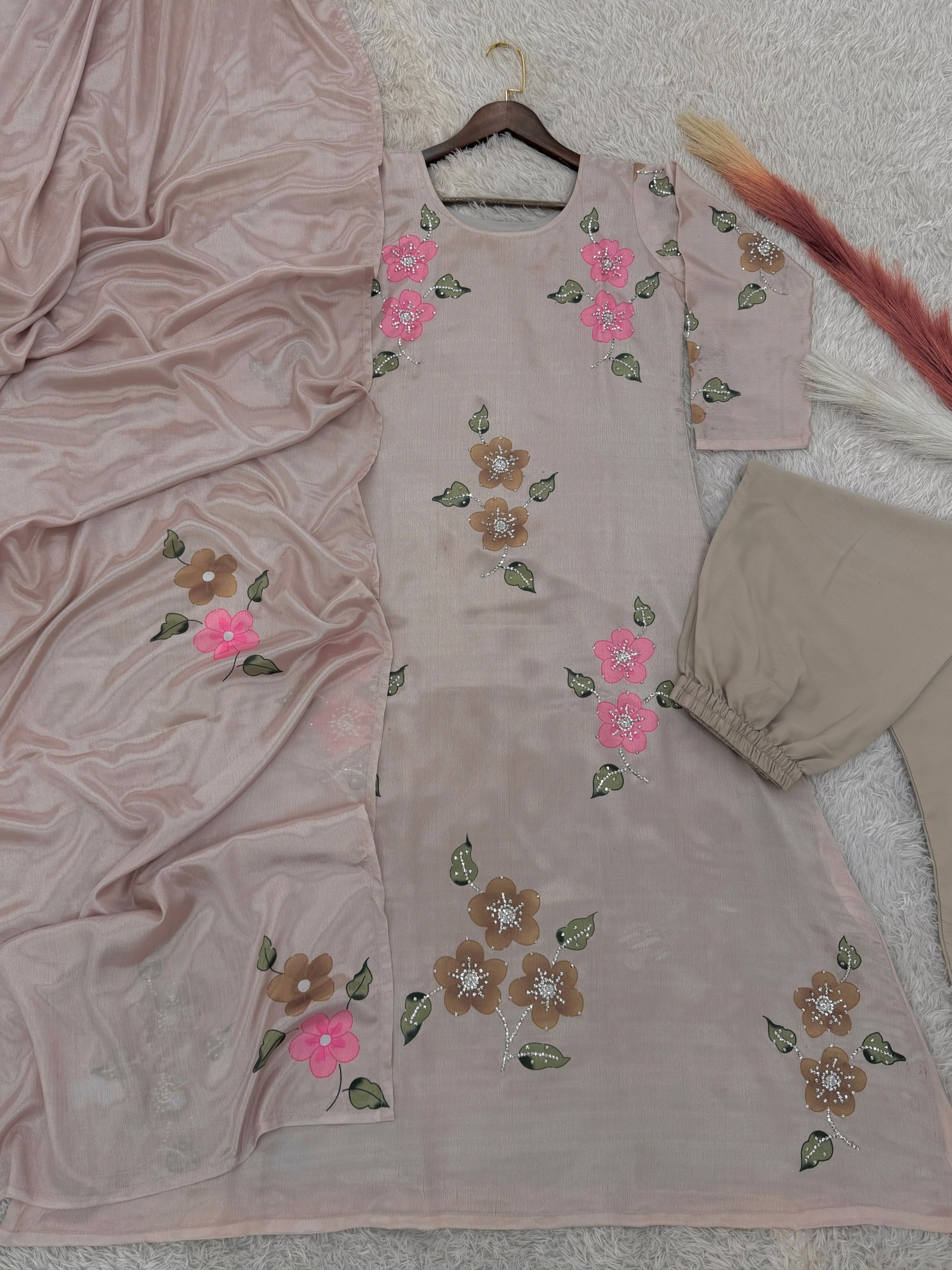 JL-1045 | Pure Chinon Silk Digital Print Diamond Hand Work A-Line Set