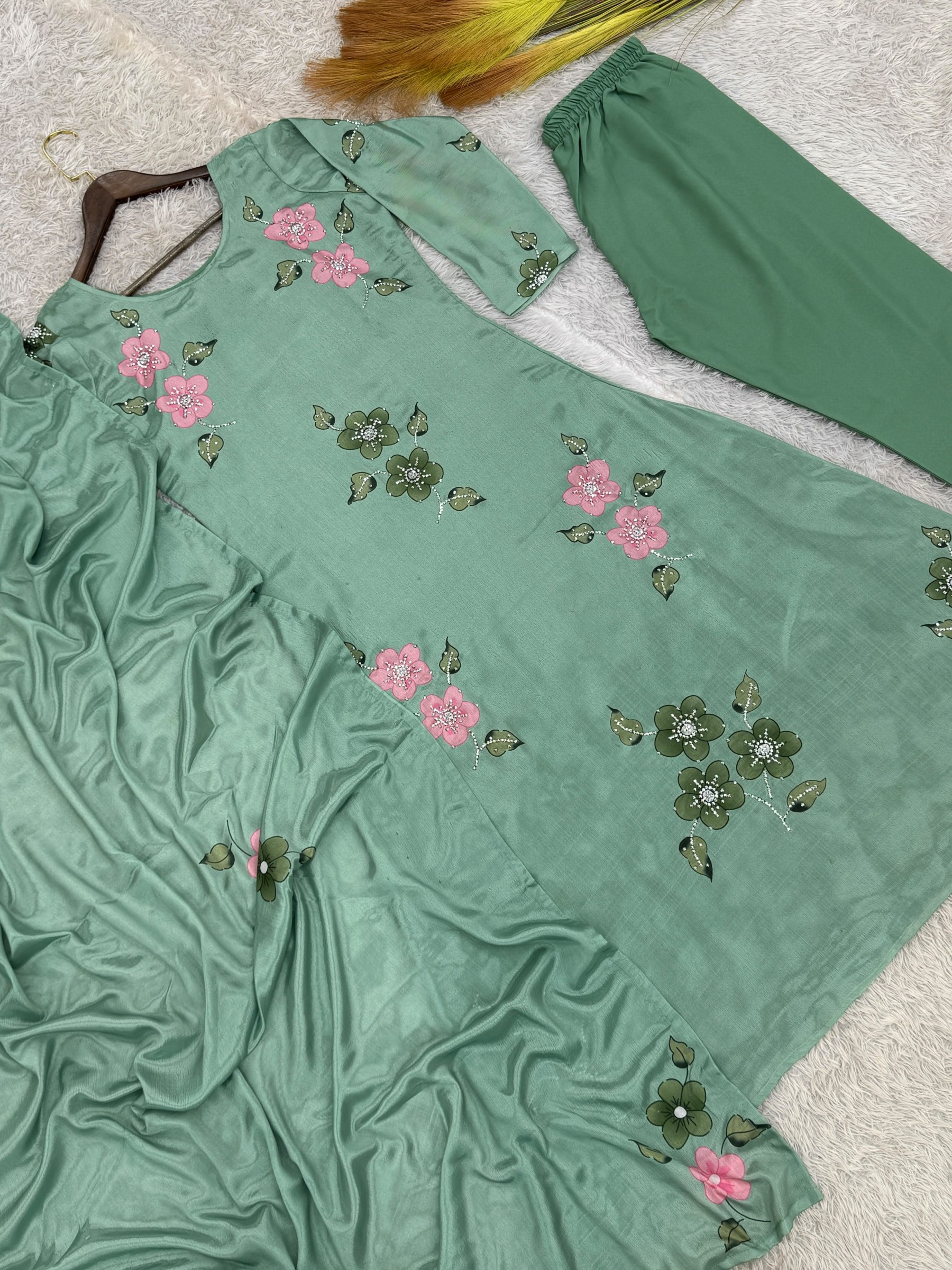 JL-1045 | Pure Chinon Silk Digital Print Diamond Hand Work A-Line Set