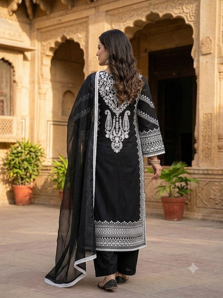 Shop LOOMEERA LM-37 Pakistani three-piece suit with Rayon Satin top and palazzo, Cotton inner and Tebby Soft Organza dupatta at ₹1,449/-.