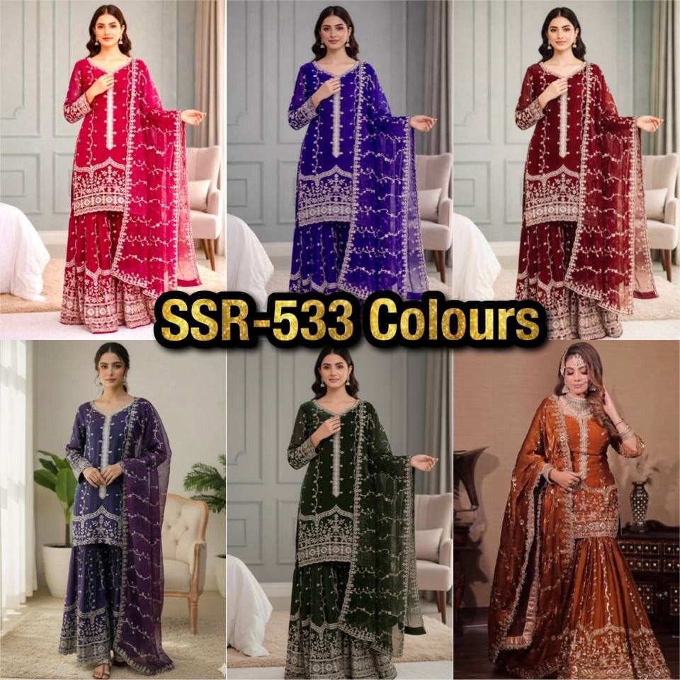 Shop SSR-533 Pure Fendy Silk ready-to-wear suit with heavy embroidery sequence work on top, bottom and dupatta, full sleeves and sizes M to XXL at ₹1,099/-.