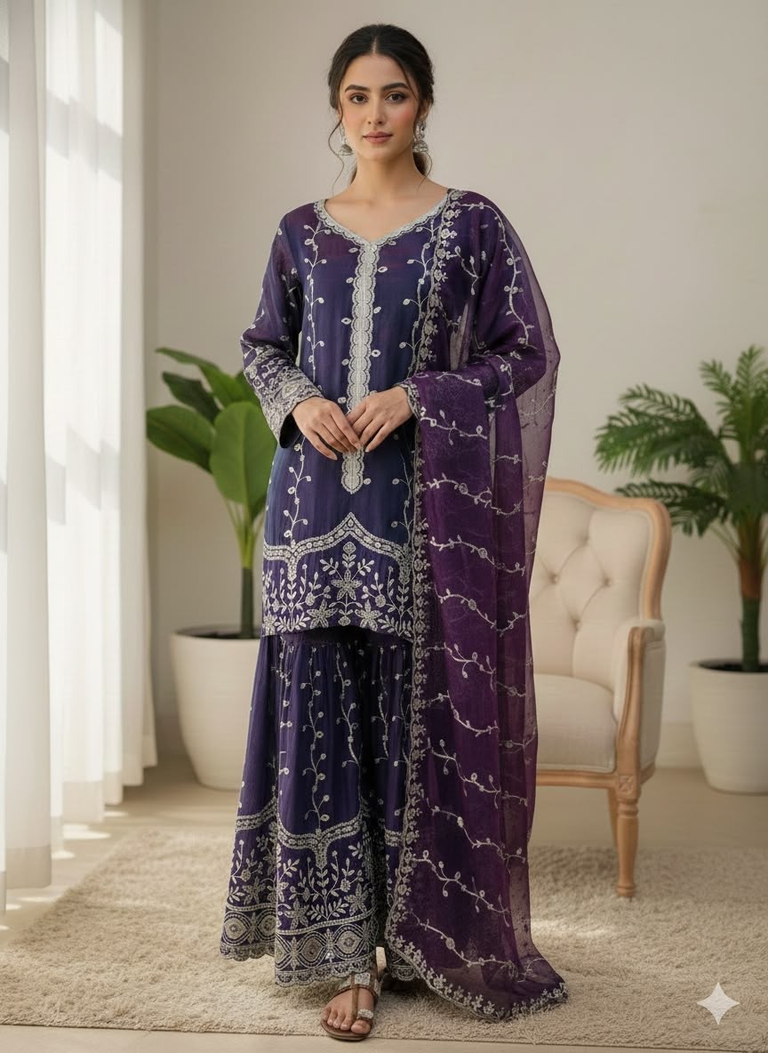 Shop SSR-533 Pure Fendy Silk ready-to-wear suit with heavy embroidery sequence work on top, bottom and dupatta, full sleeves and sizes M to XXL at ₹1,099/-.