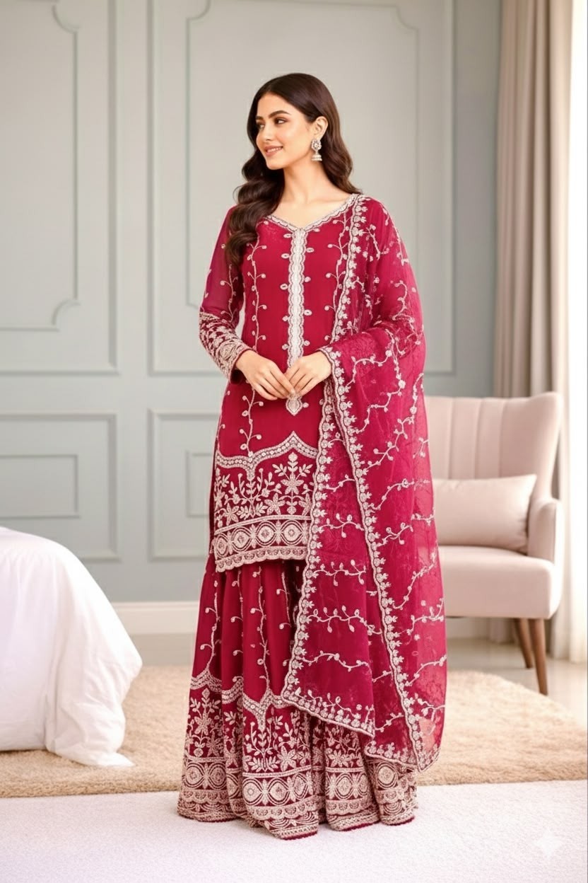 Shop SSR-533 Pure Fendy Silk ready-to-wear suit with heavy embroidery sequence work on top, bottom and dupatta, full sleeves and sizes M to XXL at ₹1,099/-.